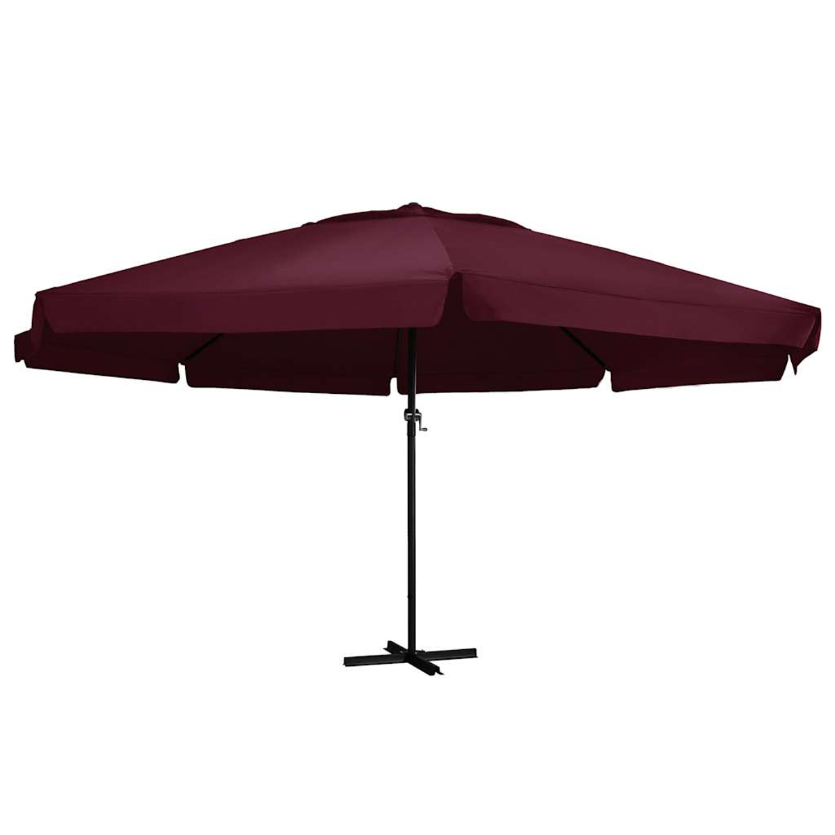 Un ombrellone da esterno color burgundy con supporto nero su sfondo bianco.