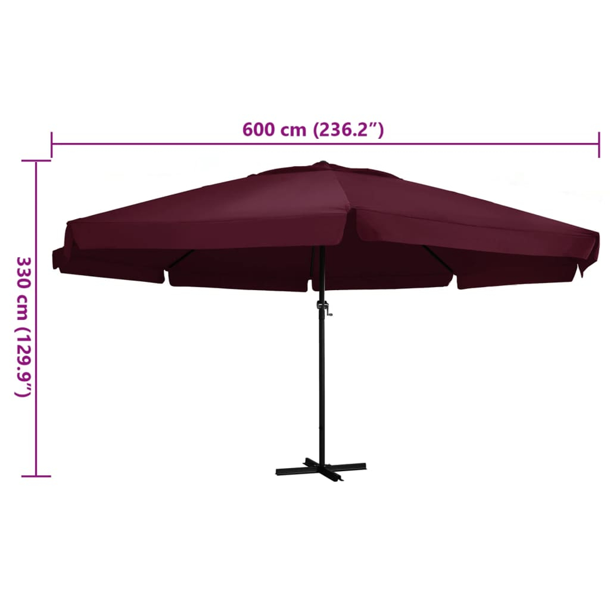 Un ombrellone rosso scuro con supporto in metallo. Dimensioni: 600x330 cm.
