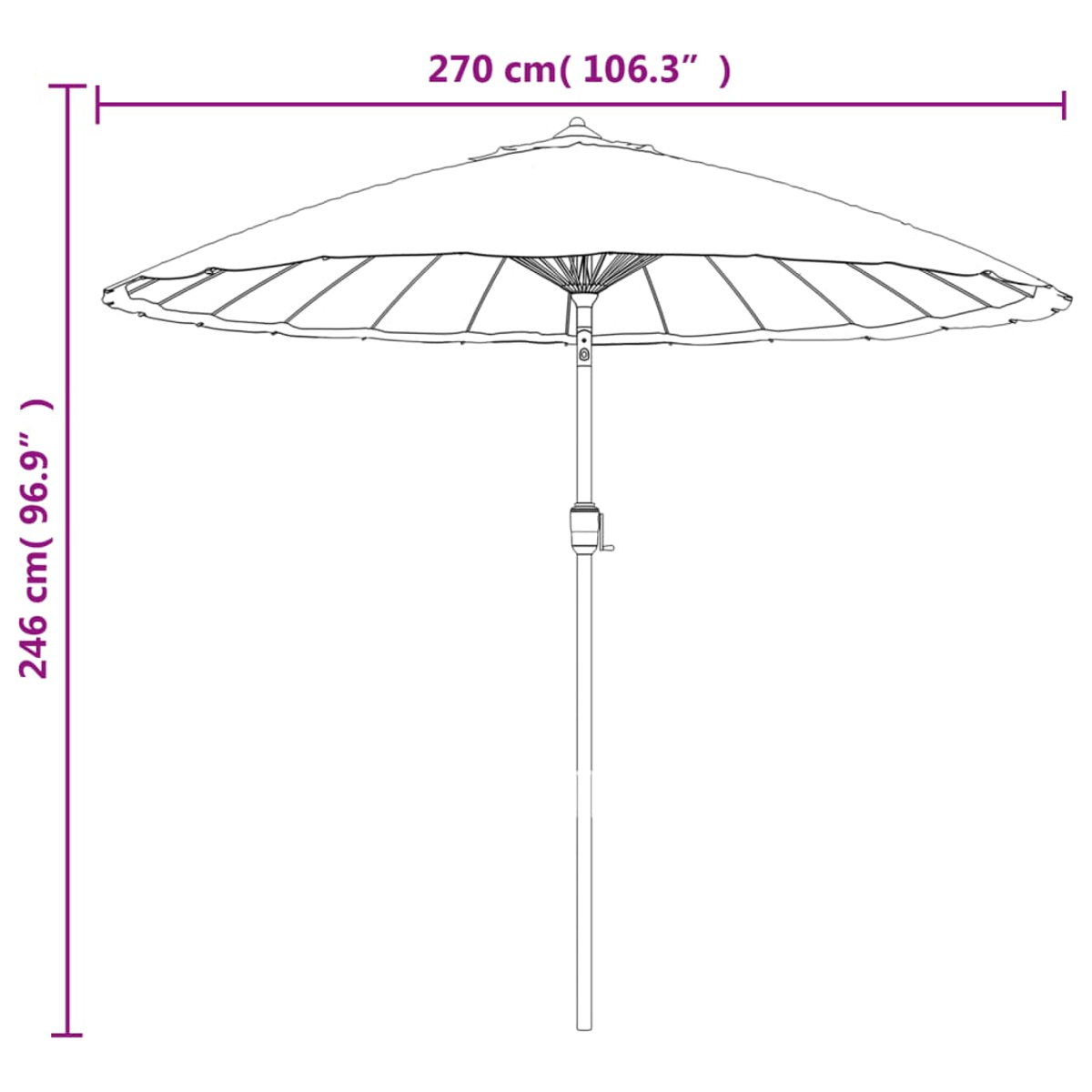 Ein Sonnenschirm mit 270cm Breite und 246cm Höhe.
