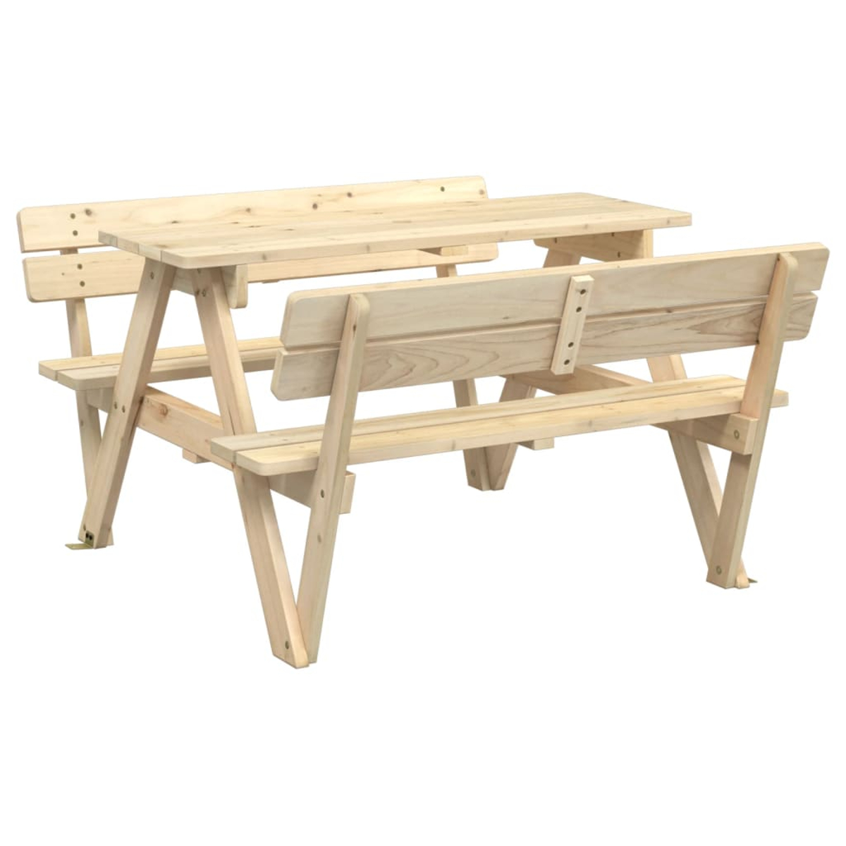 Holz-Picknicktisch mit integrierten Bänken, weißer Hintergrund.