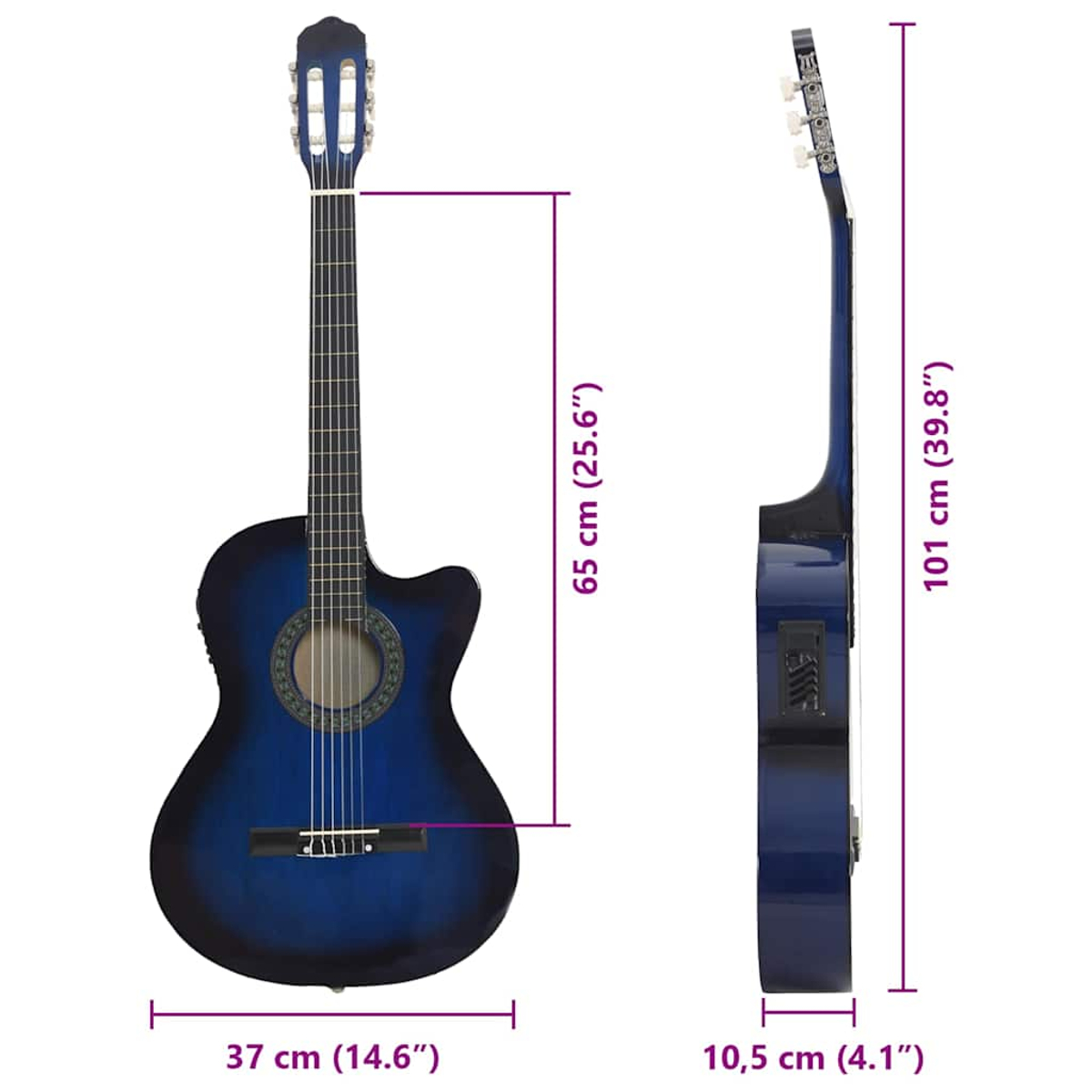 Blaues E-Gitarren-Set mit Maßen: 101cm H, 37cm B, 10,5cm T.