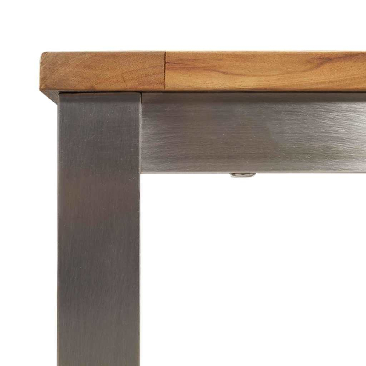 Holzplatte auf Metallgestell eines Tisches, Nahaufnahme.