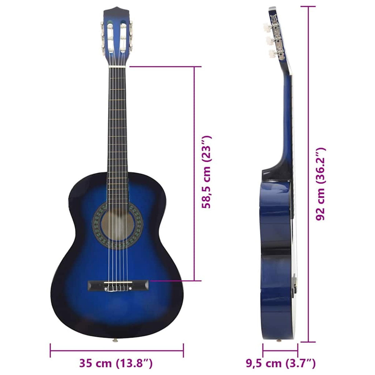 Eine blaue Akustikgitarre mit Maßen, vorne und seitlich gezeigt.