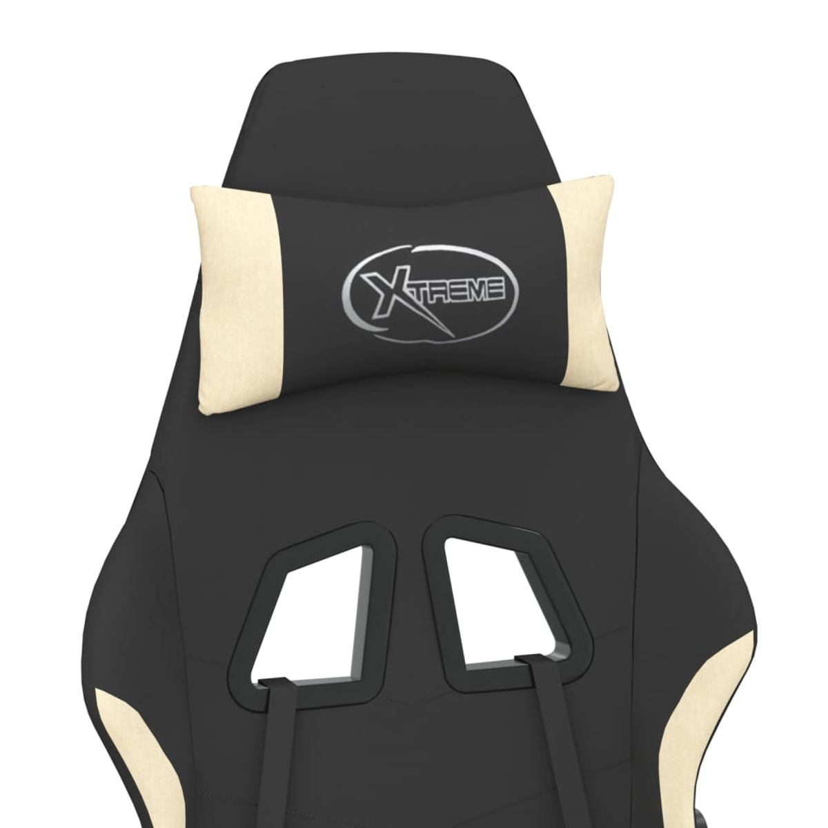 Ein schwarzer und cremefarbener Gaming-Stuhl mit Xtreme-Logo auf dem Kopfkissen.