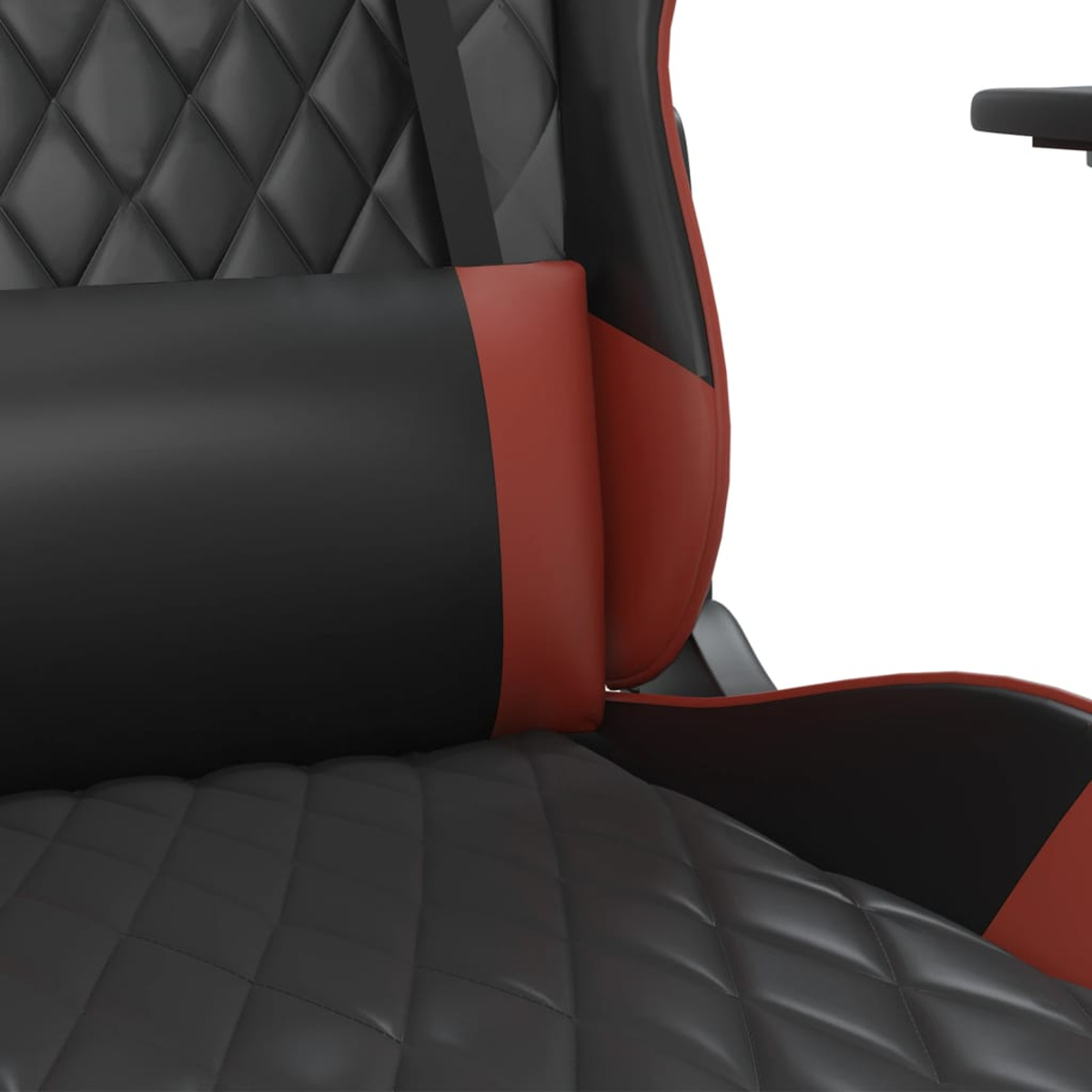 Schwarzer und roter Gaming-Stuhl mit gestepptem Sitz und Rückenlehne.
