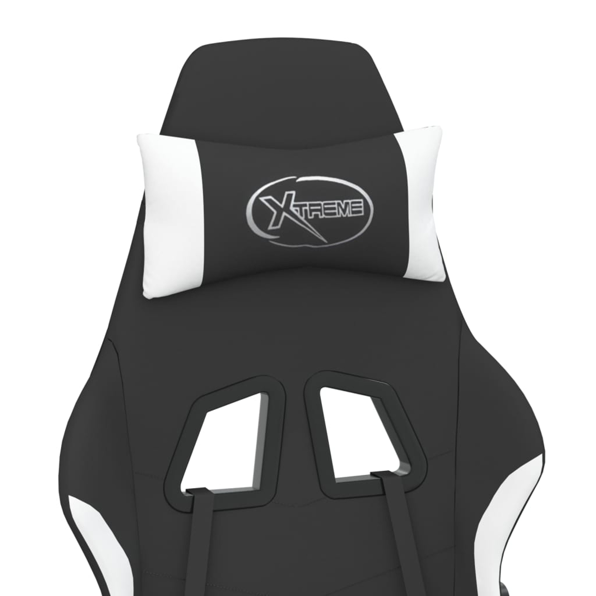 Schwarzer Gaming-Stuhl mit weißen Akzenten und einem weißen Kissen mit Xtreme-Logo.