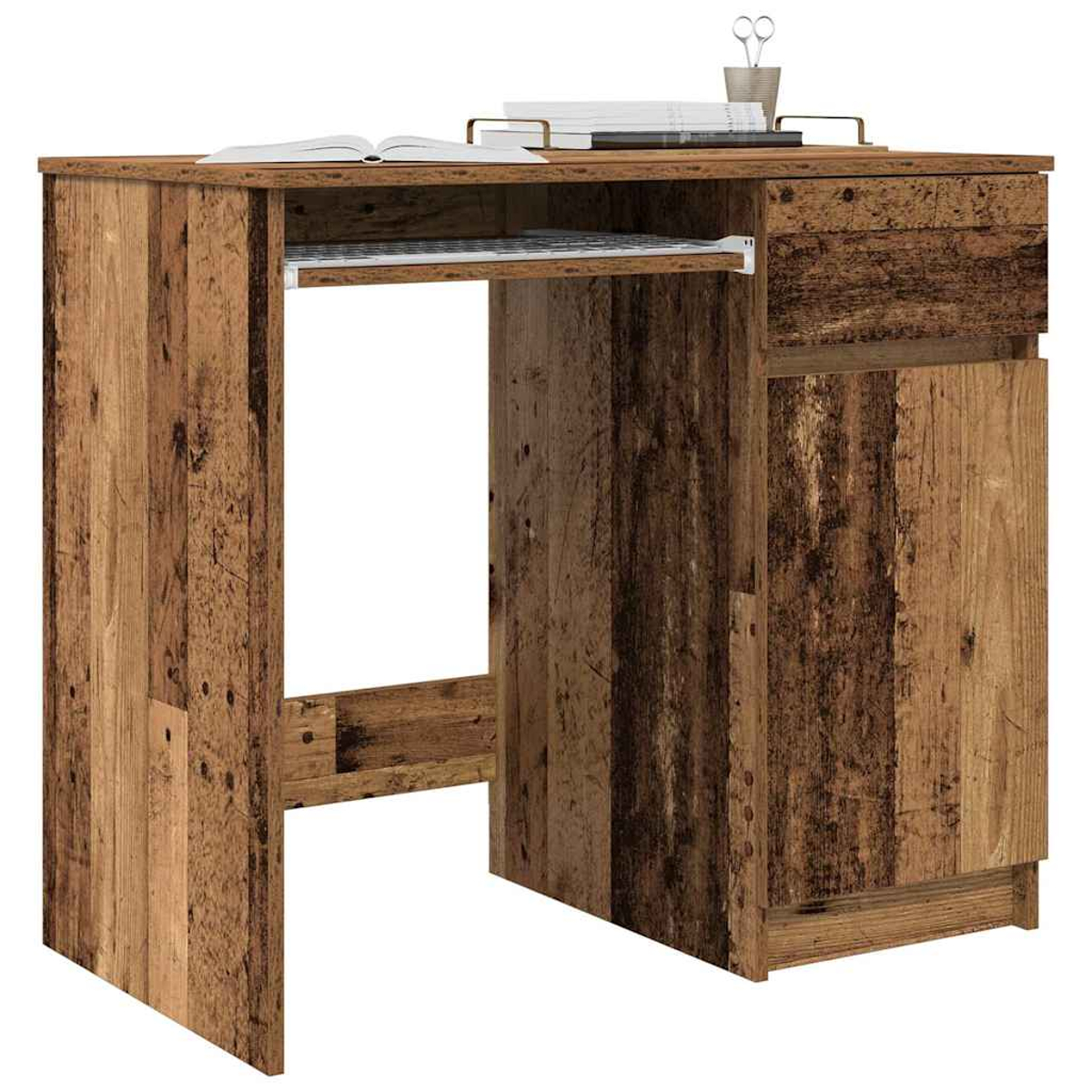 Ein rustikaler Schreibtisch aus Holz mit ausziehbarer Tastaturablage, Schubladen und Büchern.