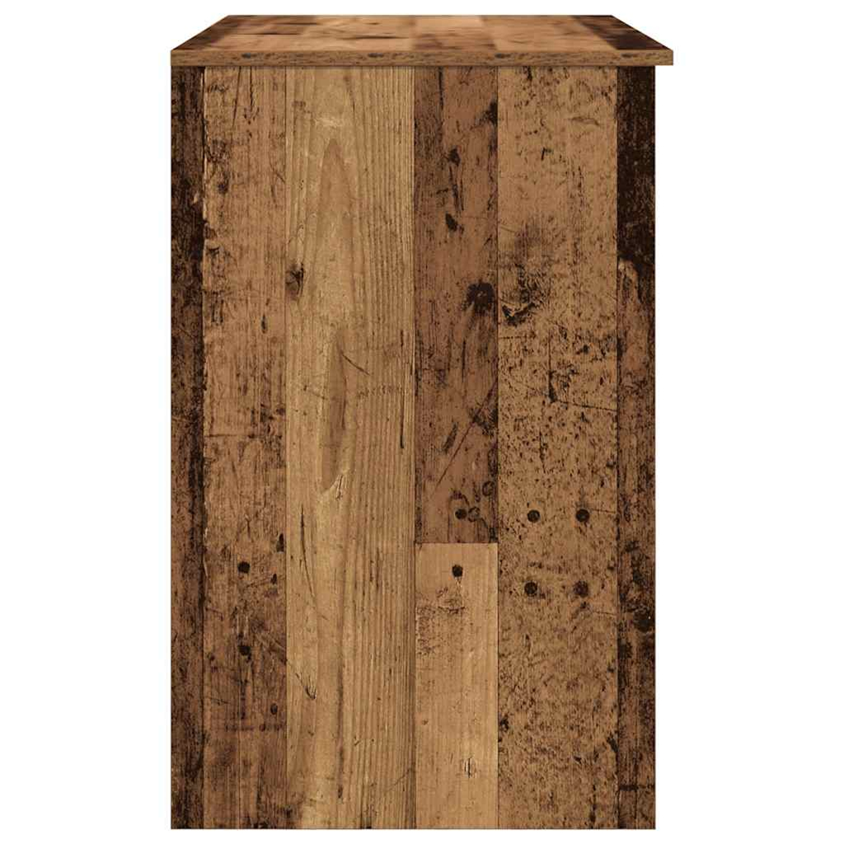 Ein braunes Holzmöbelstück mit vertikalen Brettern und sichtbaren Nagellöchern.