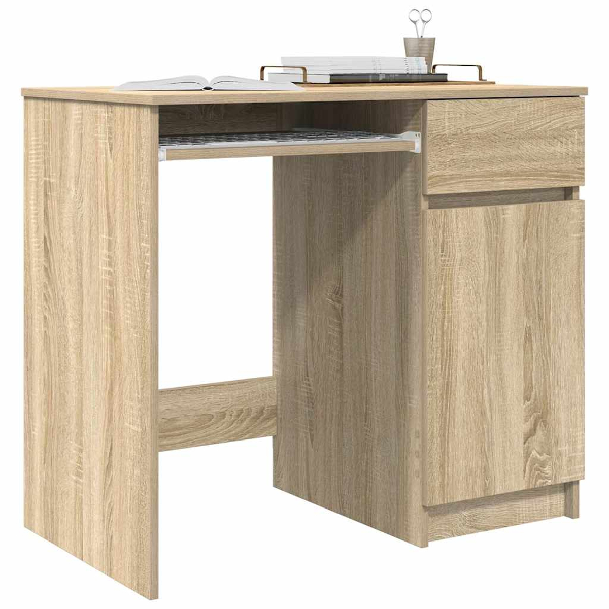 Ein hölzerner Schreibtisch mit ausziehbarer Tastaturablage und Schubladen.
