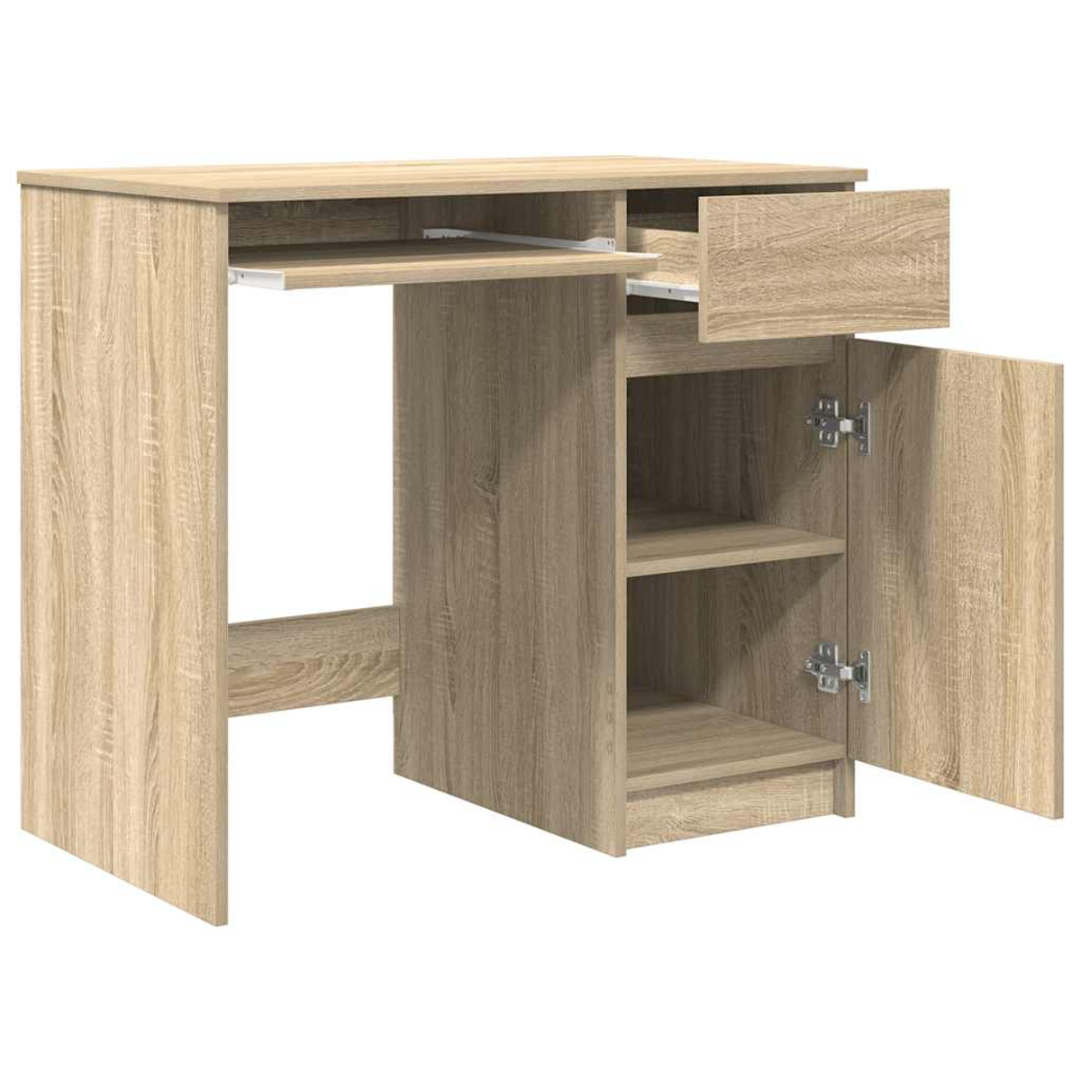 Ein Computertisch aus hellem Holz mit ausziehbarer Tastaturablage und offener Kabine.