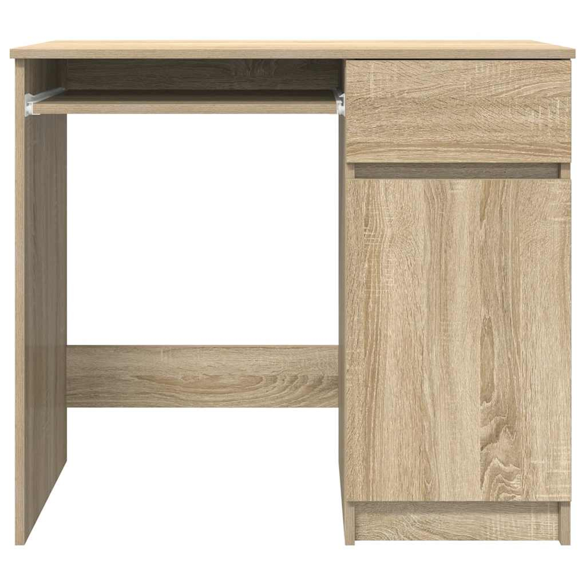 Ein heller Holzschreibtisch mit einer Schublade und einem Fach für eine Tastatur.