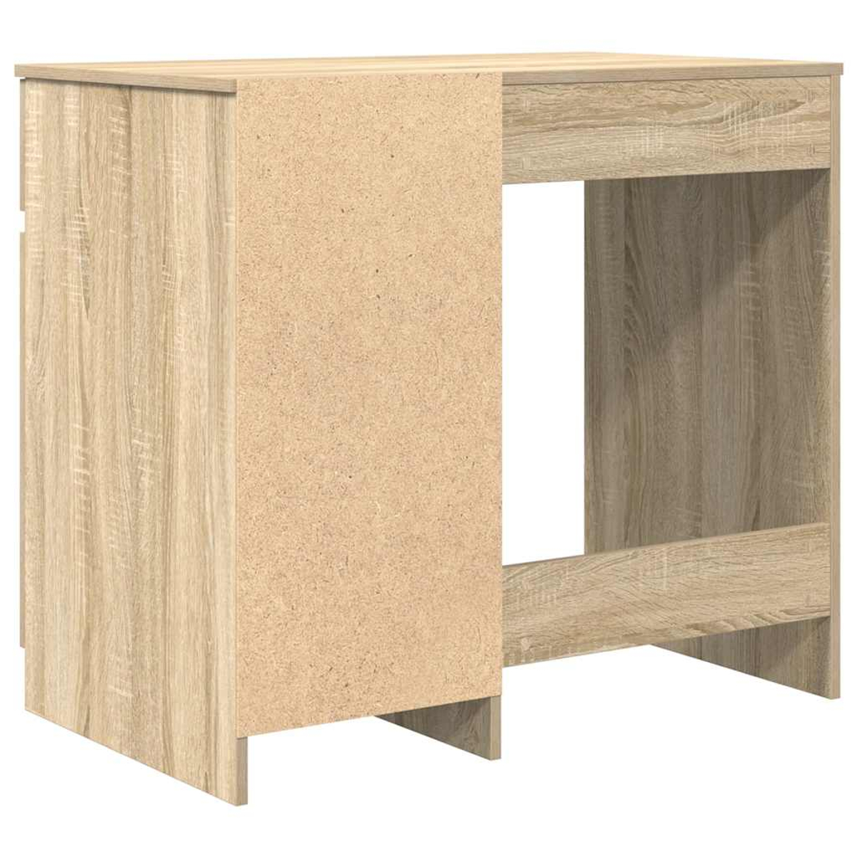 Ein heller Holztisch mit einer Seite aus Spanplatte und einer offenen Seite.