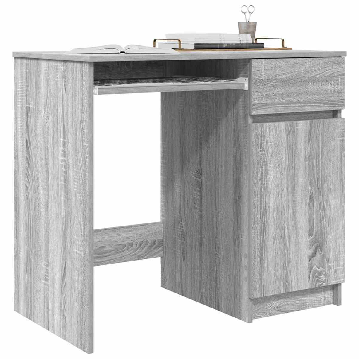 Grauer Schreibtisch mit ausziehbarer Tastaturablage, Schublade und Tür.
