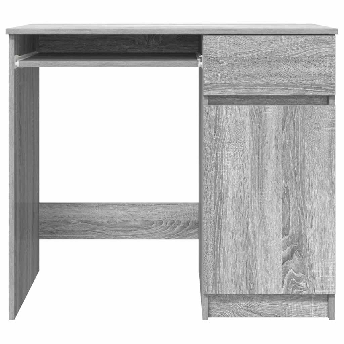 Grauer Schreibtisch mit Auszug, Schublade und Tür.
