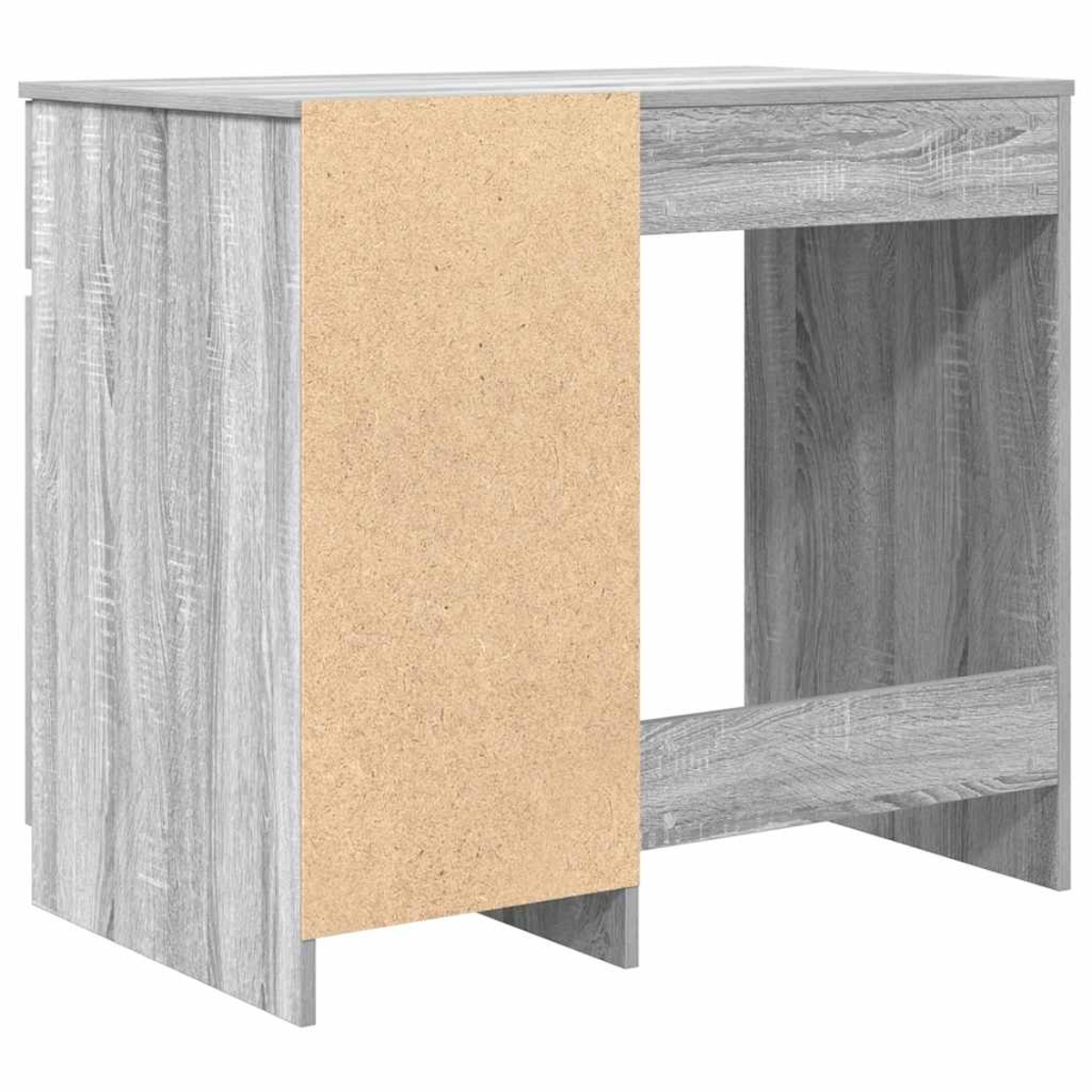 Graues Holz-Schreibtisch mit offenem Fach und einer unfertigen Seite.