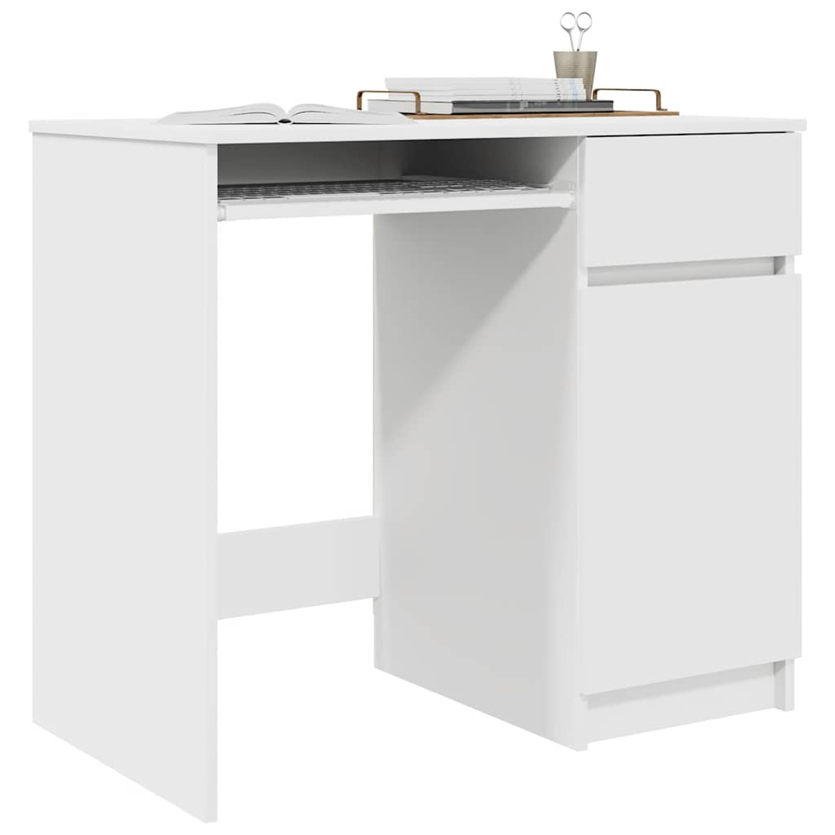 Weißer Schreibtisch mit ausziehbarer Tastaturablage und Schubladen.