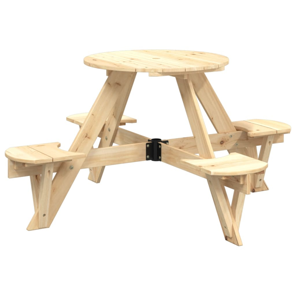 Ein runder Holztisch mit integrierten Bänken auf weißem Hintergrund.