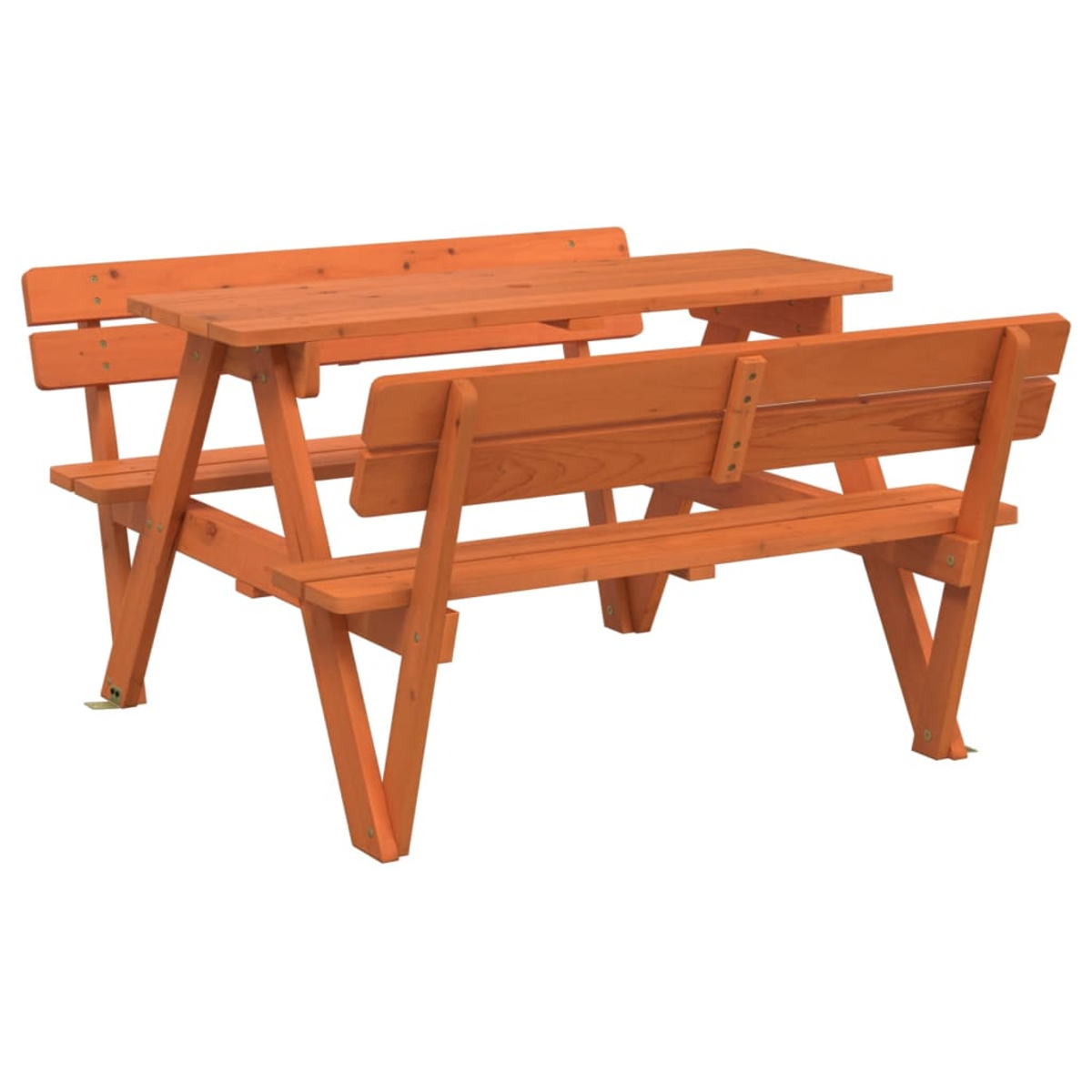 Ein orangefarbener Holz-Picknicktisch mit zwei Bänken und Rückenlehnen.