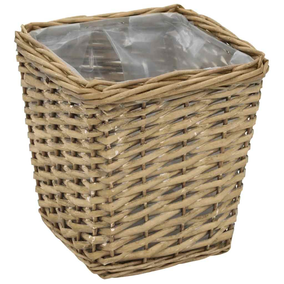 Ein rechteckiger Weidenkorb mit durchsichtiger Plastikauskleidung.