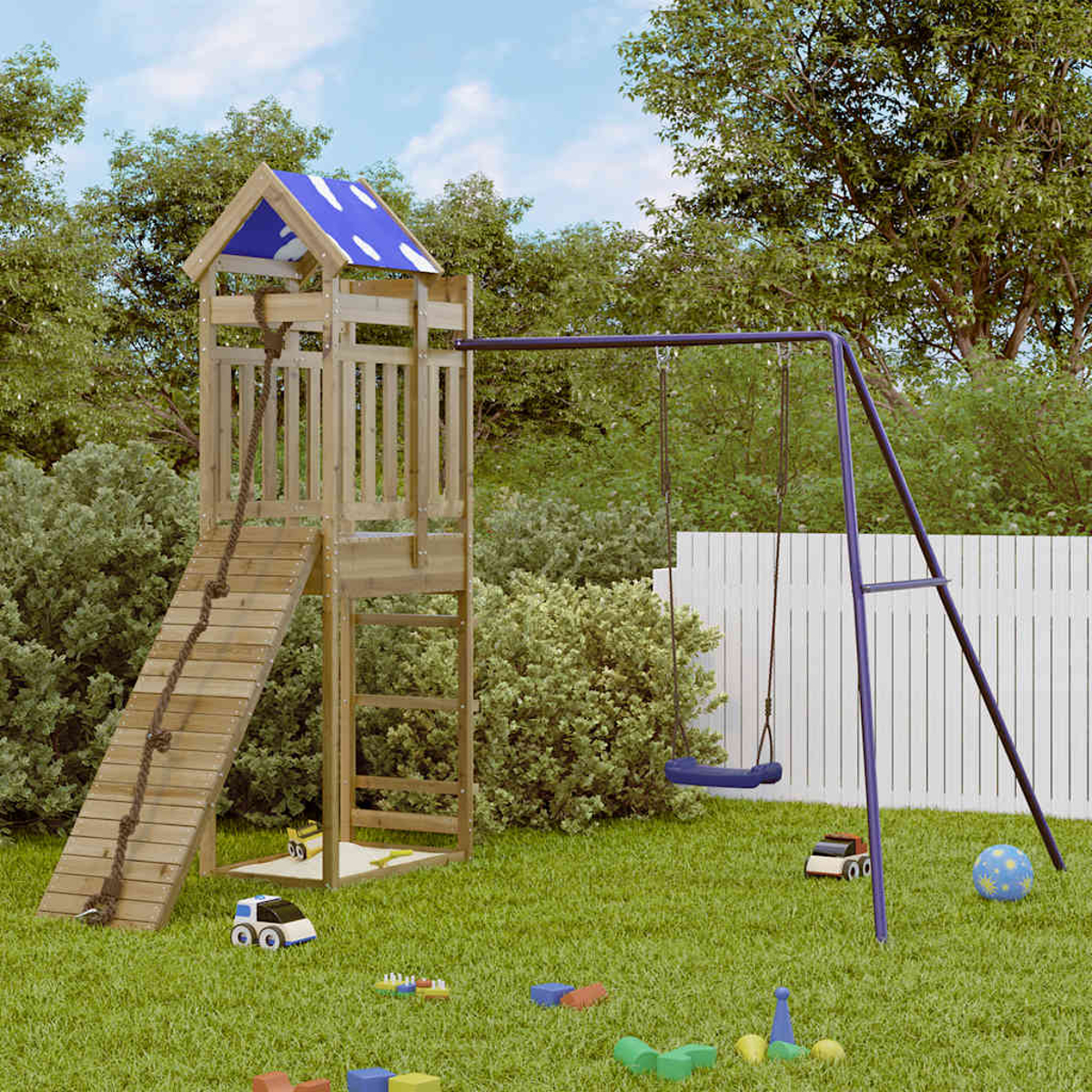 Holzspielturm mit Rutsche, Schaukel und Sandkasten im Garten.