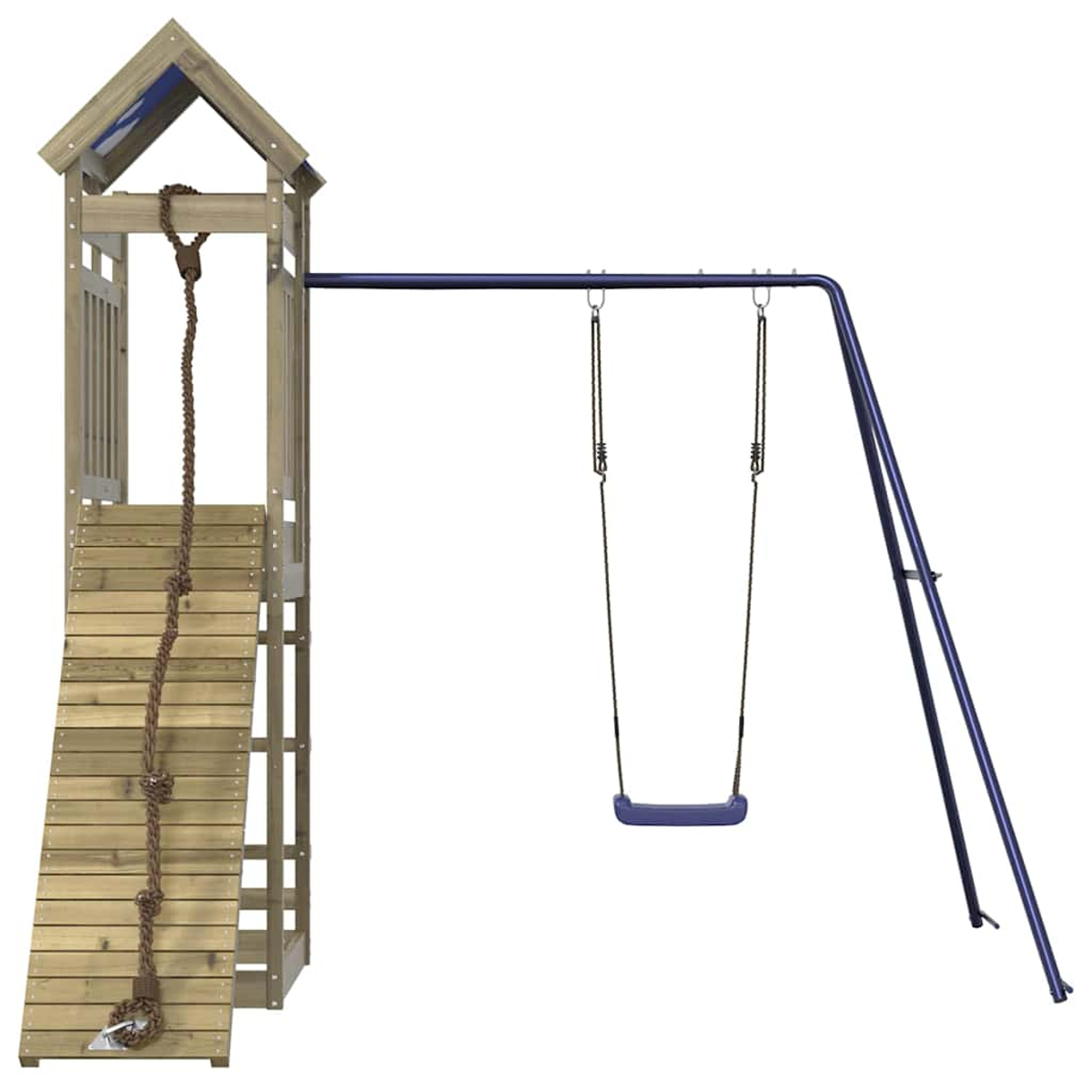 Holzspielturm mit Rutsche, Kletterseil und Schaukel, blaue Schaukel.