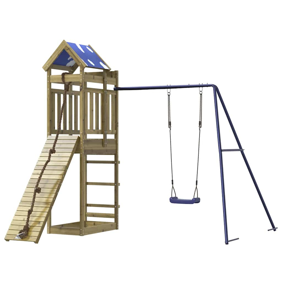 Ein Holzspielturm mit Rutsche, Strickleiter und Schaukel in Blau.