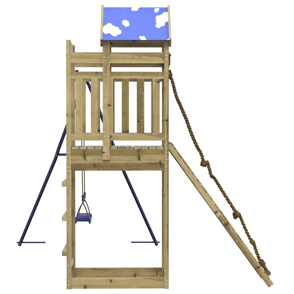 Holzspielturm mit blauer Dachplane, Schaukel, Strickleiter und Rutsche.