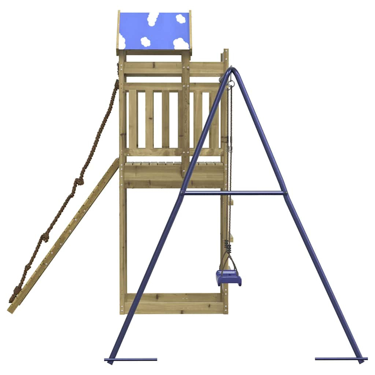 Holzspielturm mit blauer Dach-Wolken-Thematik, Strickleiter und Schaukel.