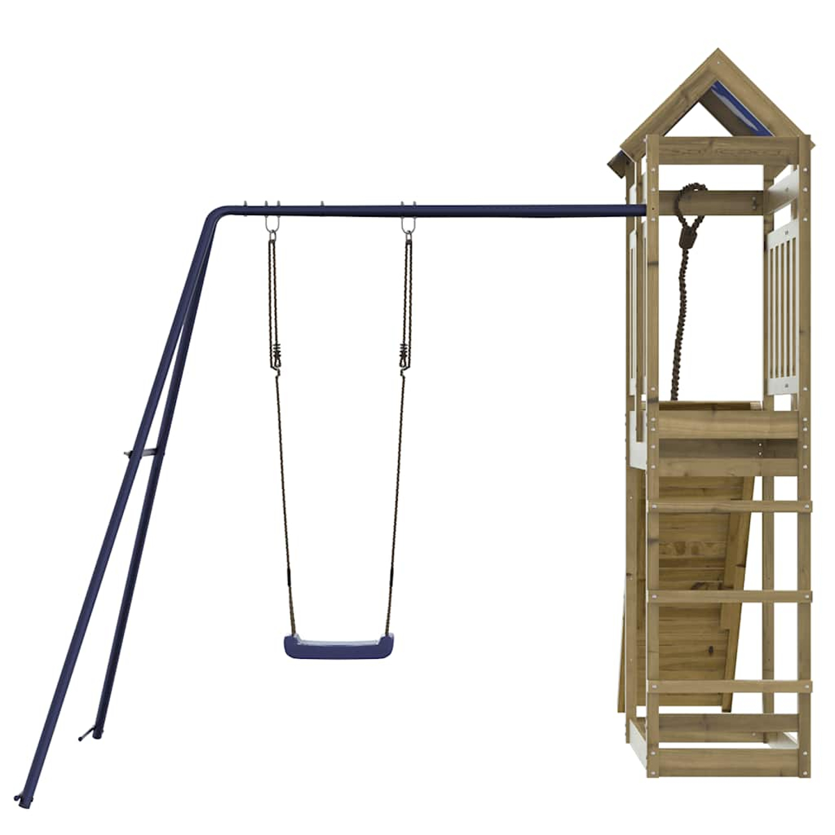 Ein hölzerner Spielturm mit Schaukel und Strickleiter, auf weißem Hintergrund.