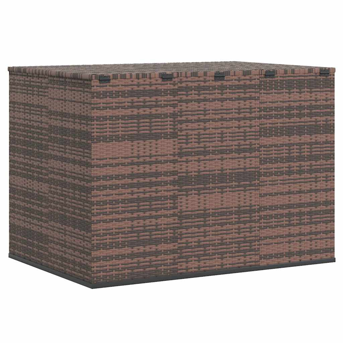 Braune Korb-Aufbewahrungsbox mit Deckel und grauer Basis.