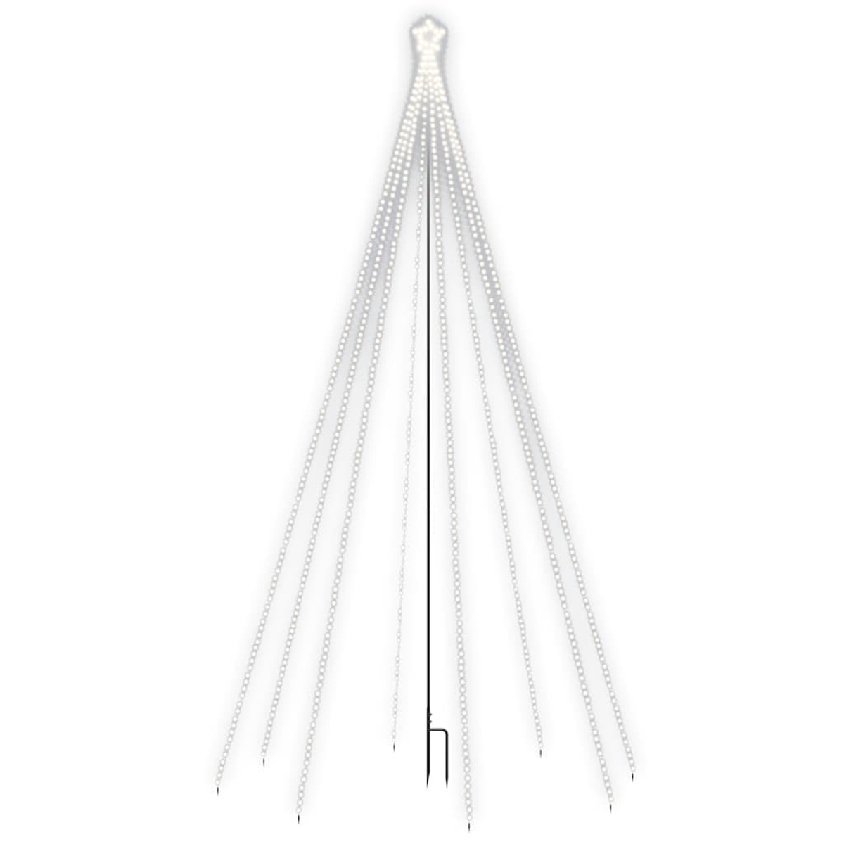 Ein heller, sternförmiger Baumschmuck mit weißen LEDs, der auf einem Metallstab montiert ist.