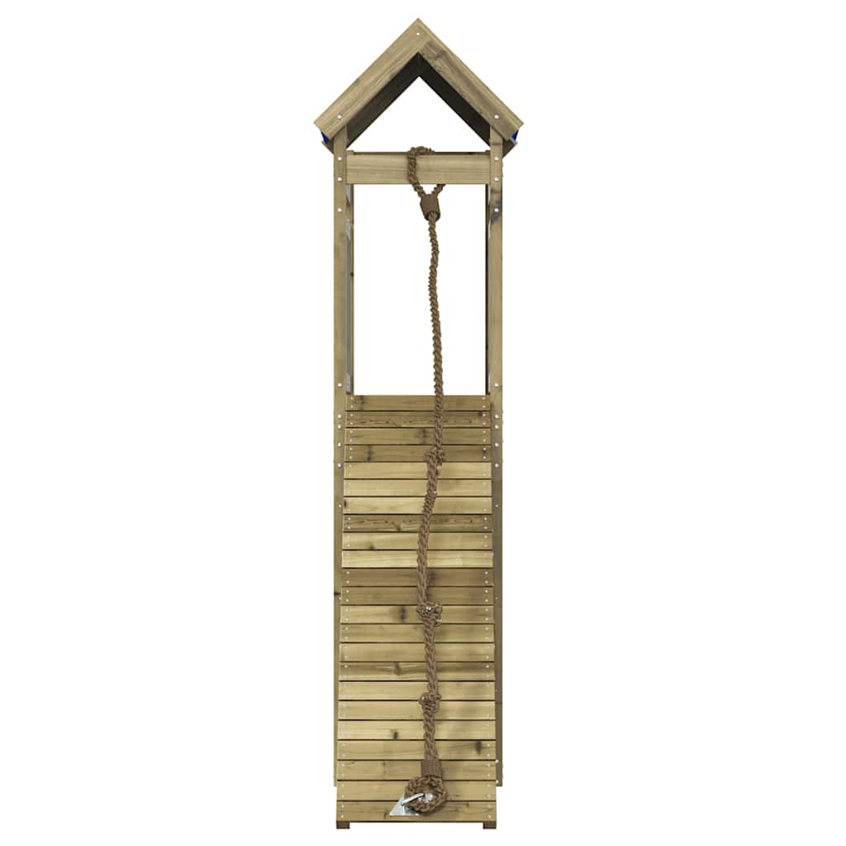Ein hölzerner Kletterturm mit einem Seil, der von oben herabhängt.