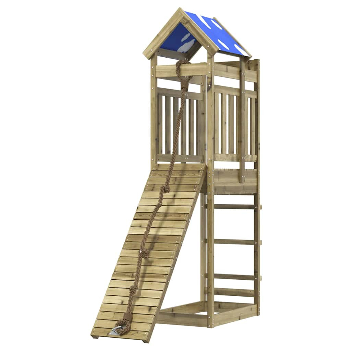 Holzspielturm mit Rutsche, Strickleiter und blauem Dach.
