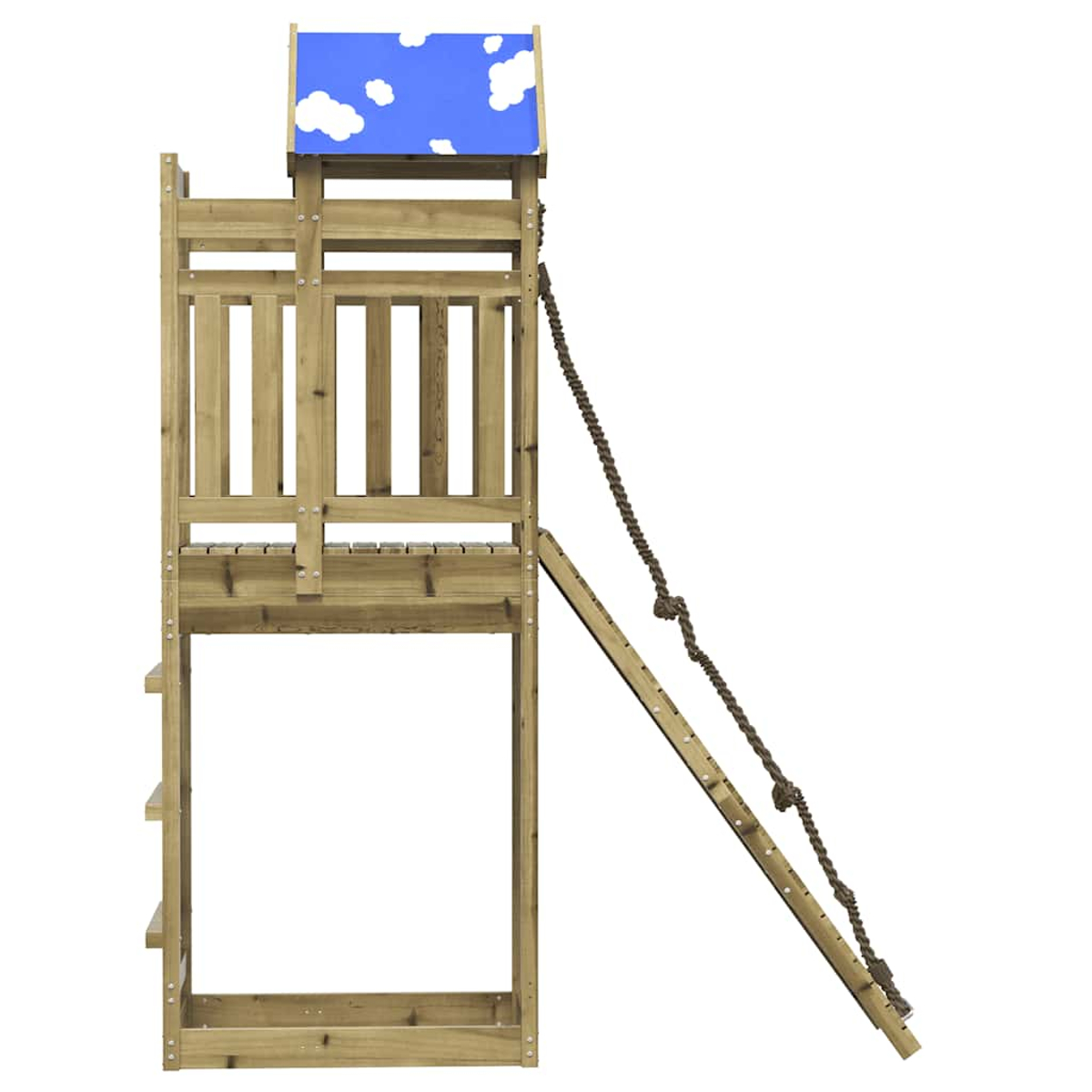 Holzspielturm mit blauer Dachverkleidung mit Wolken, Leiter und Seil.
