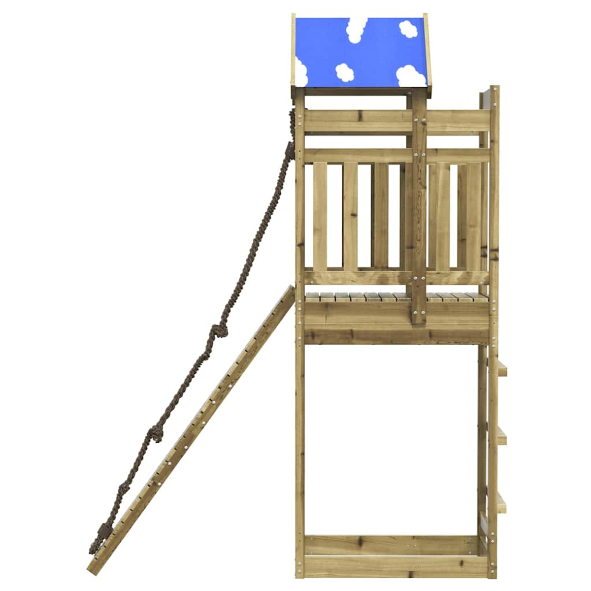 Ein hölzerner Spielturm mit blauer Dachabdeckung mit Wolken, Seil und Leiter.