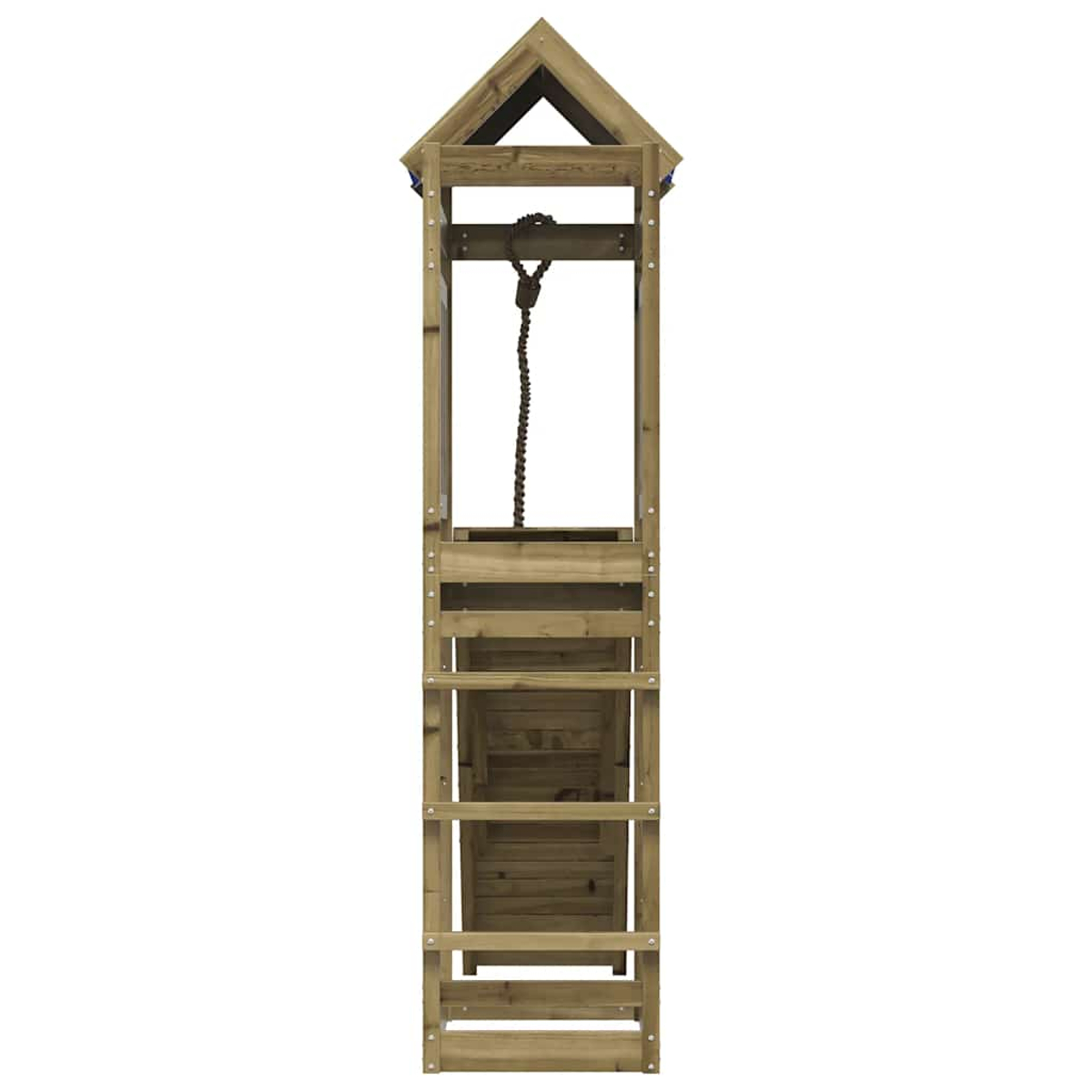 Ein hölzerner Turm mit Dach, Leiter und einer Kette im Inneren.
