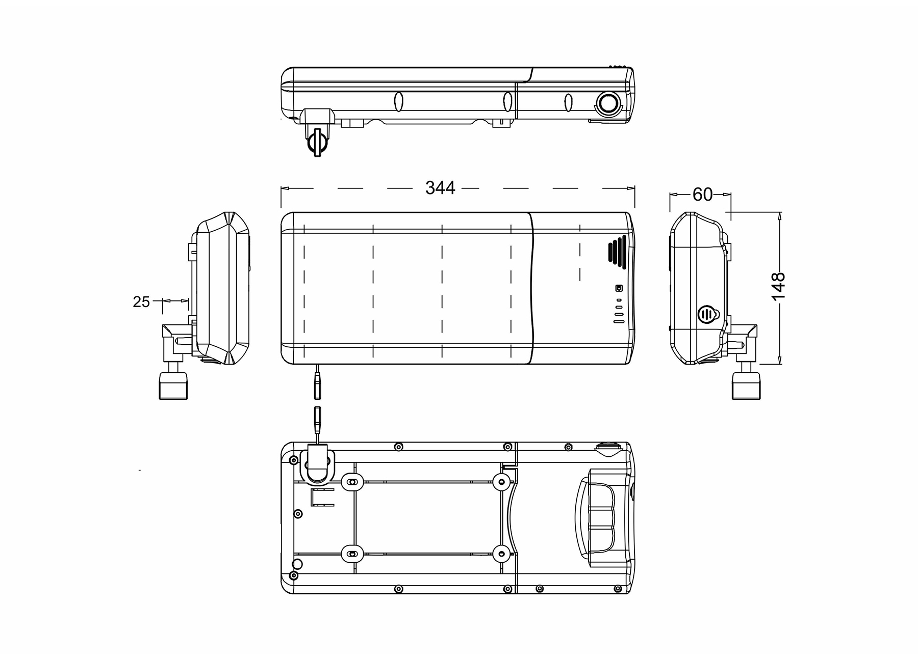Dibujo técnico de un dispositivo con dimensiones. Muestra vistas frontal, lateral, superior e inferior.