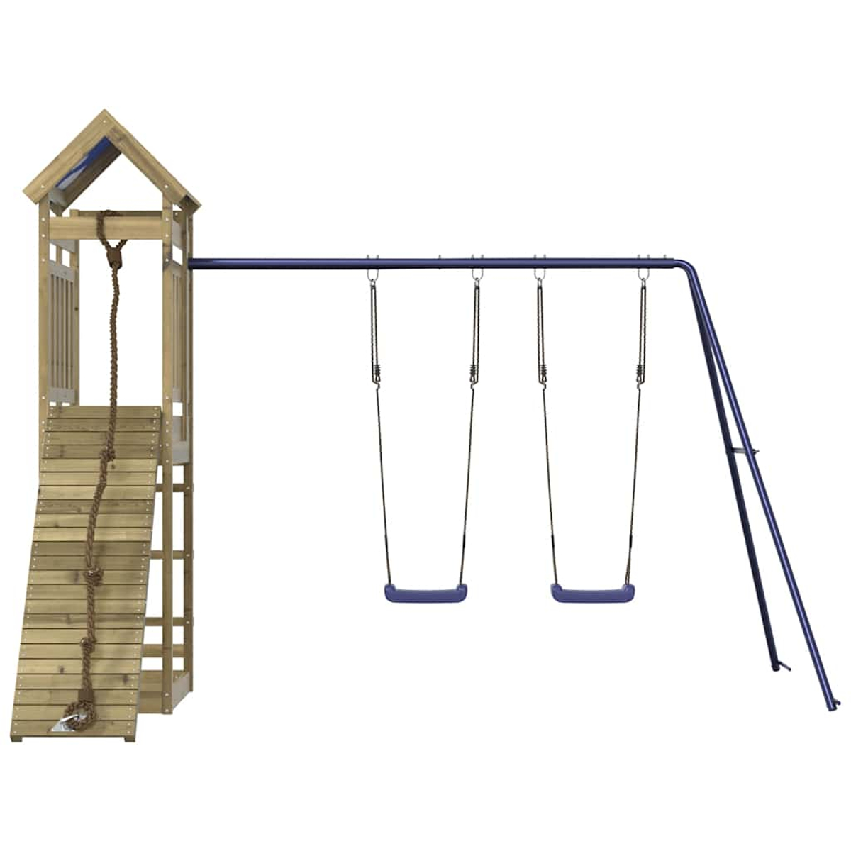 Torre da gioco in legno con rampa, corda e due altalene su telaio metallico.