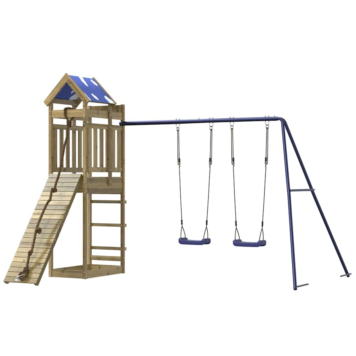 Struttura gioco in legno con scivolo, scala e altalene su sfondo bianco.