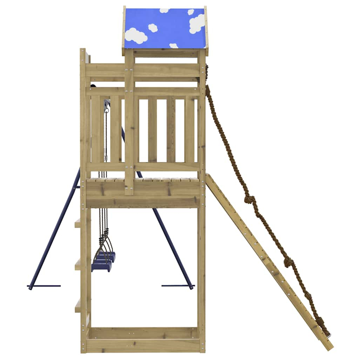 Una casa gioco in legno con tetto blu a nuvole, altalene e accesso con fune.