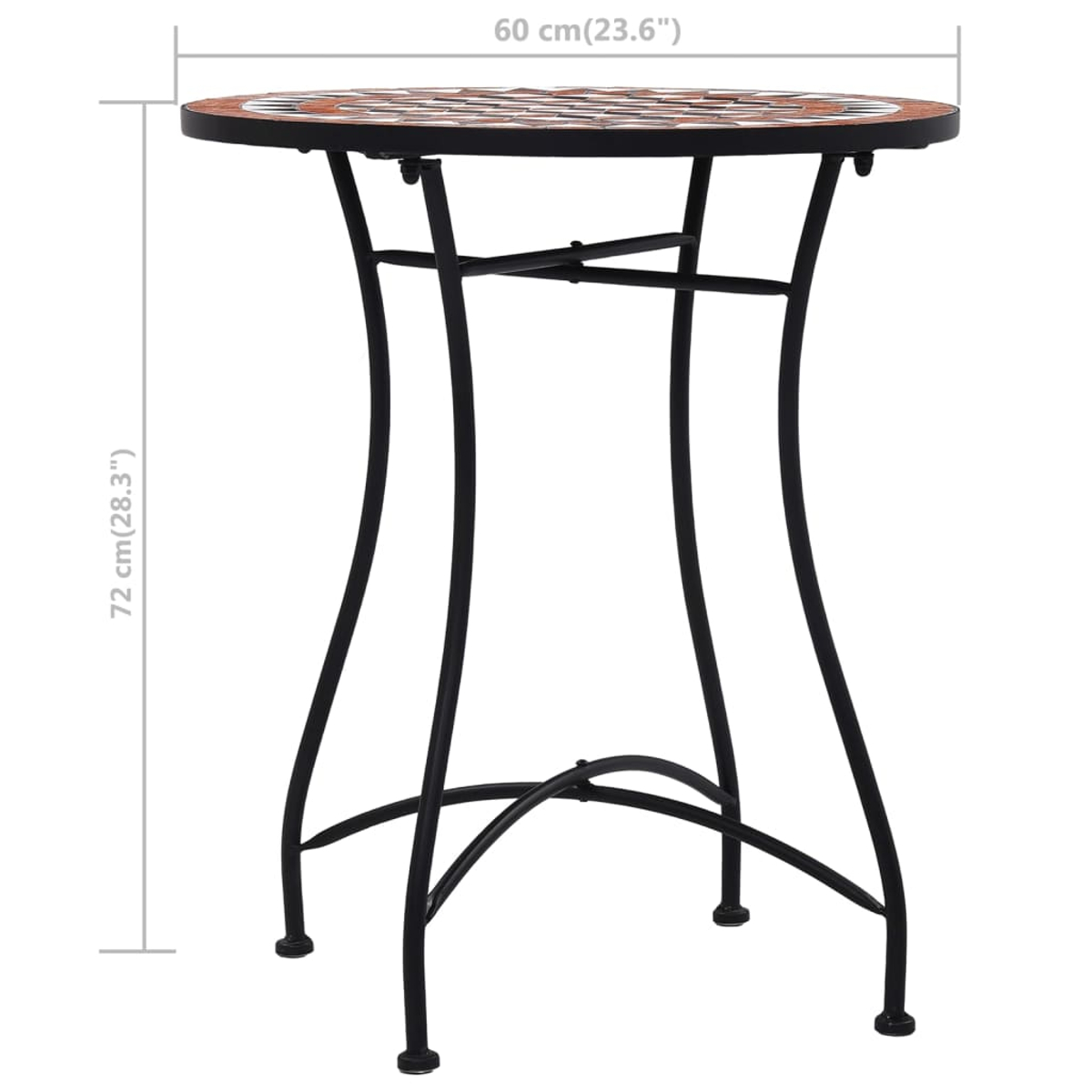 Ein runder Mosaiktisch mit schwarzem Metallgestell, 60 cm Durchmesser und 72 cm Höhe.