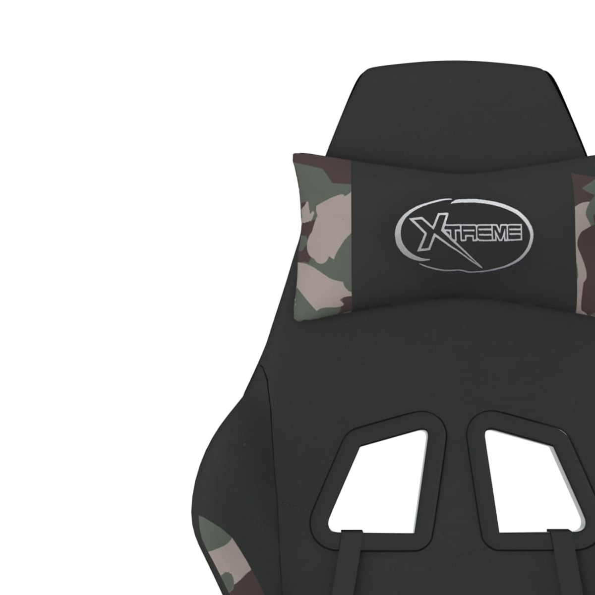 Schwarzer Gaming-Stuhl mit Camouflage-Kissen und "Xtreme"-Logo.