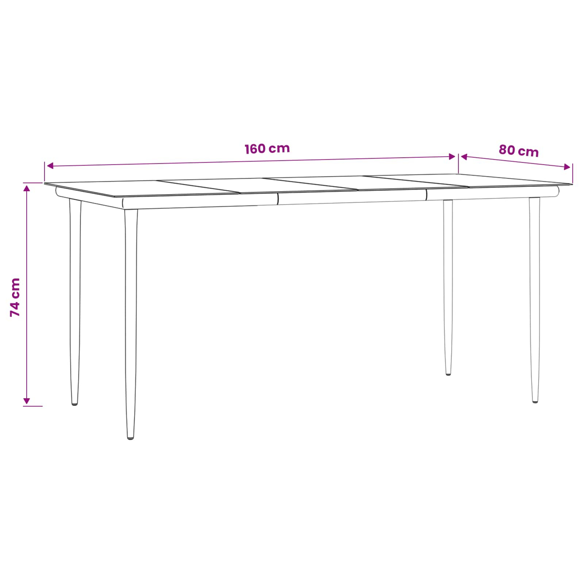 Una mesa rectangular con cuatro patas. Dimensiones: 160x80x74 cm.
