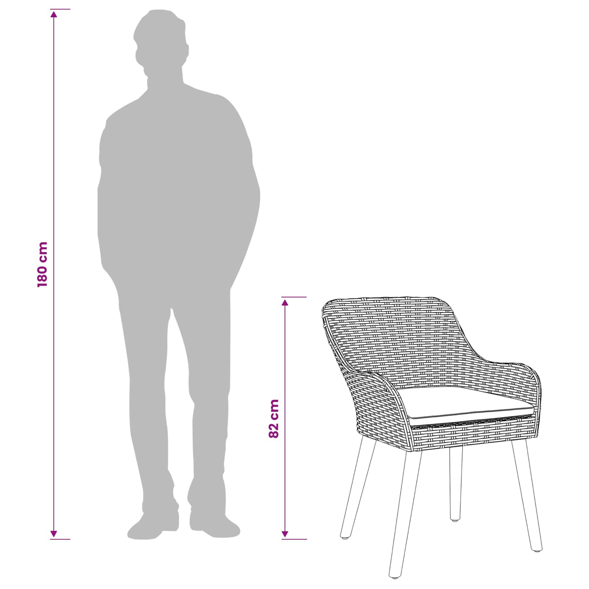 Una silueta de persona de 180 cm junto a una silla de 82 cm.