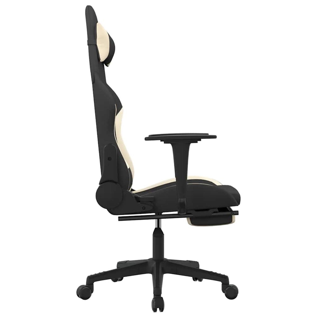 Schwarzer und cremefarbener Gaming-Stuhl mit ausziehbarer Fußstütze, von der Seite gesehen.