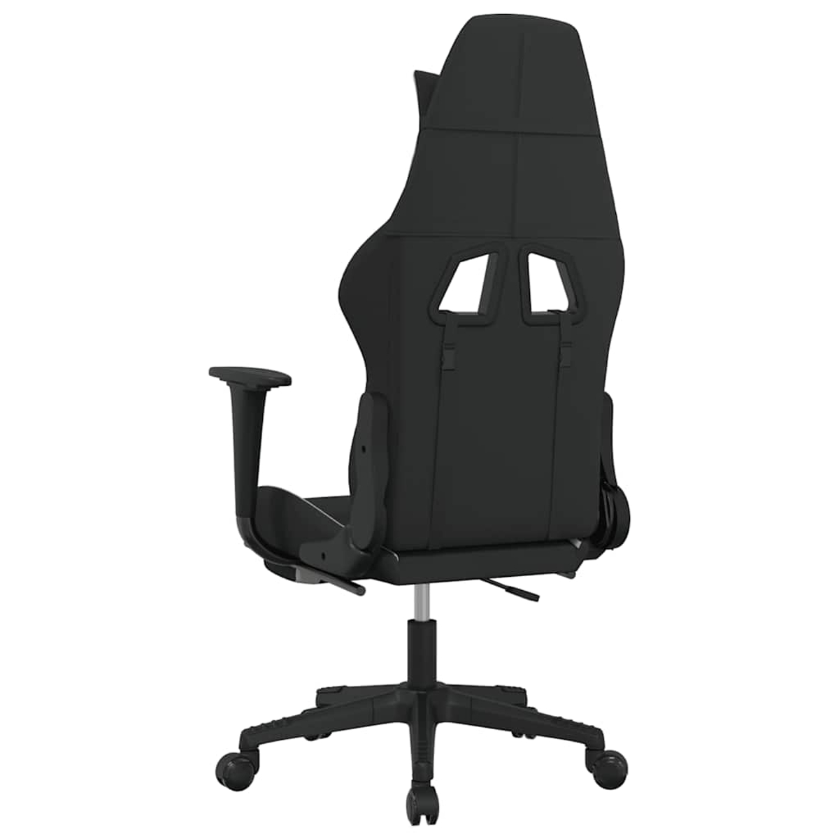 Schwarzer Gaming-Stuhl von hinten mit Rädern und Armlehnen.