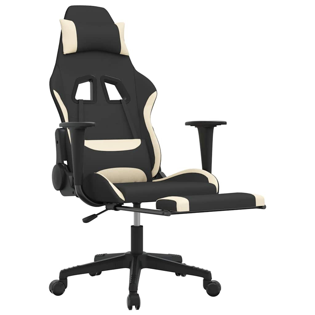 Schwarzer und cremefarbener Gaming-Stuhl mit verstellbarer Fußstütze und Kopfkissen.