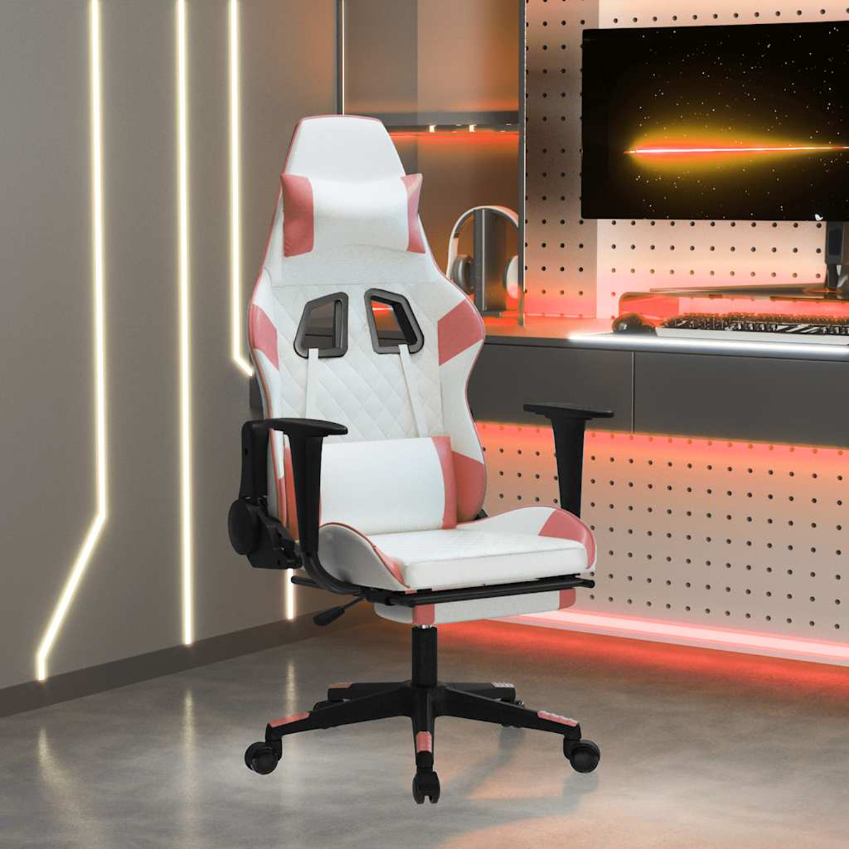 Ein weißer und rosafarbener Gaming-Stuhl steht in einem Raum mit Neonlicht.