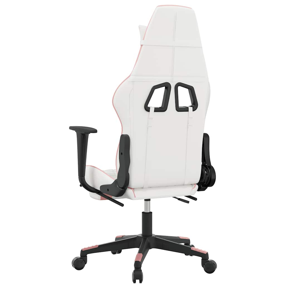 Ein weißer Gaming-Stuhl mit pinkem Besatz und schwarzen Akzenten, von hinten gesehen.