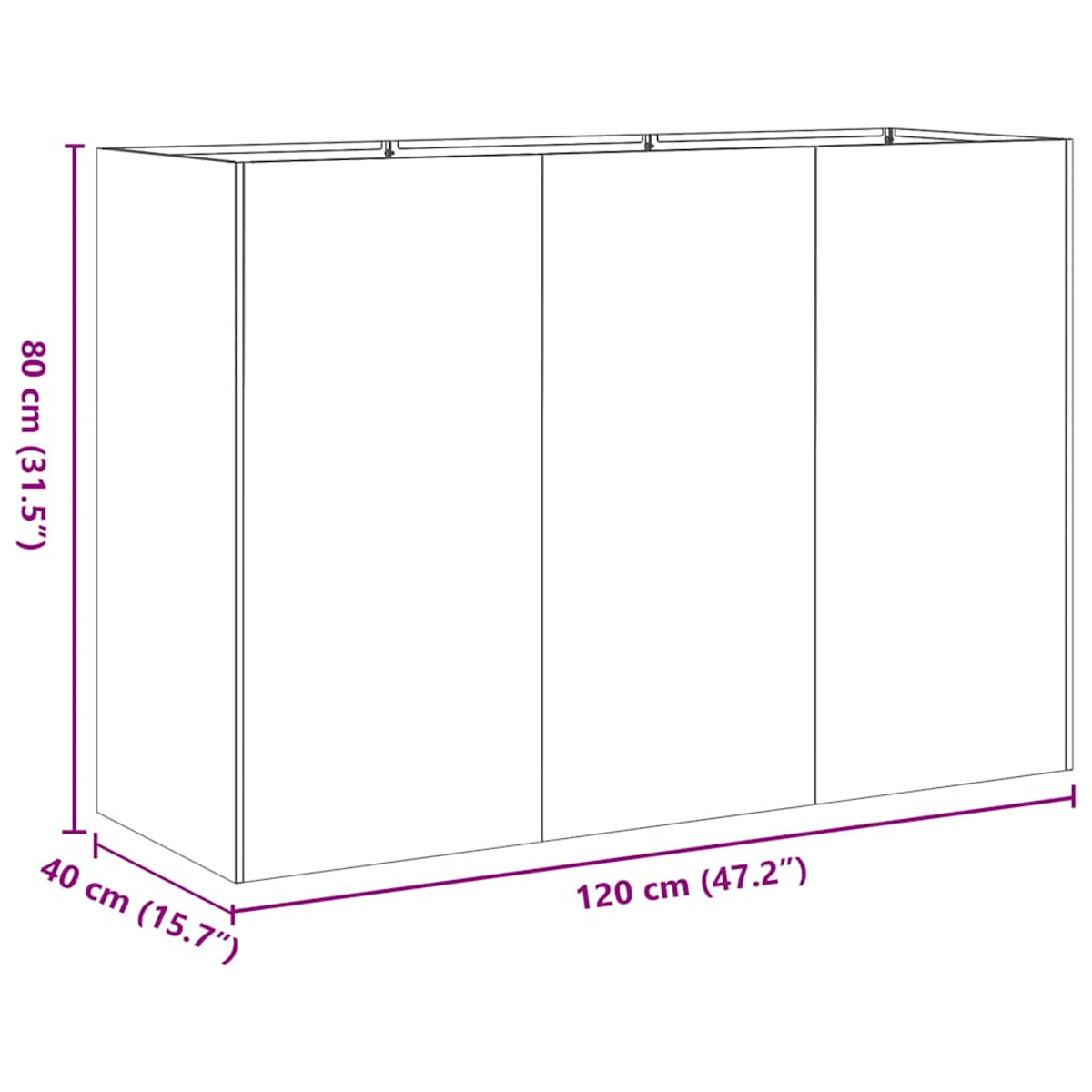 Zeichnung eines weißen dreitürigen Schranks, 120x40x80 cm.